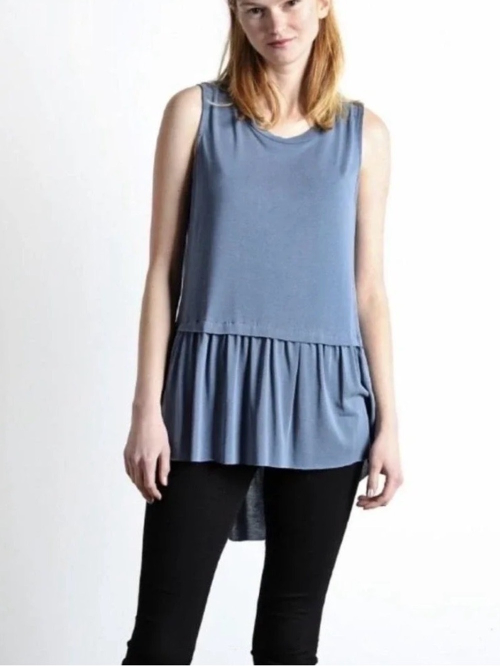 900. Mote Sleeveless Blue Ruffle-Hem Tank Top Tunic Large Flowy Beach Boho